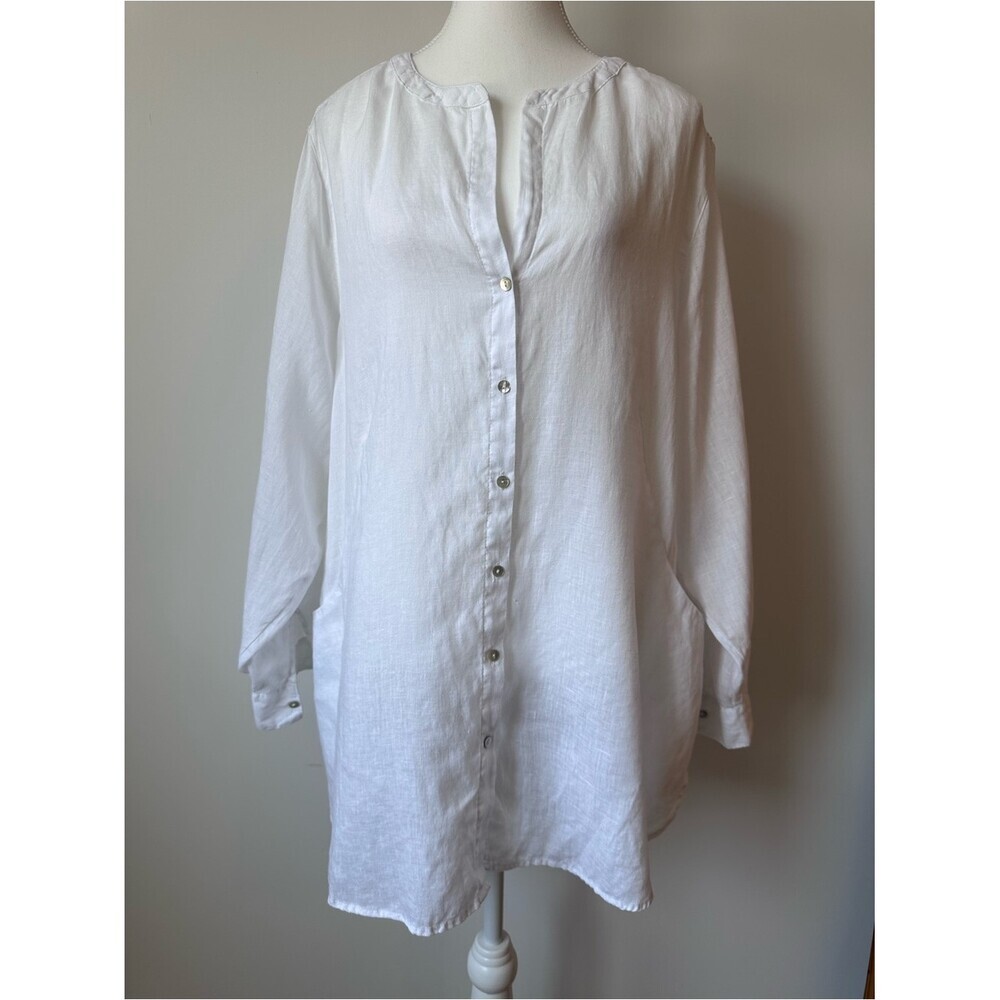 Sigrid Olsen 100% Linen White Button-Up Shirt w/ Pockets Coastal Lagenlook - 1X